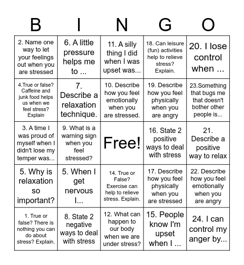 Stress/ Anger Bingo Card
