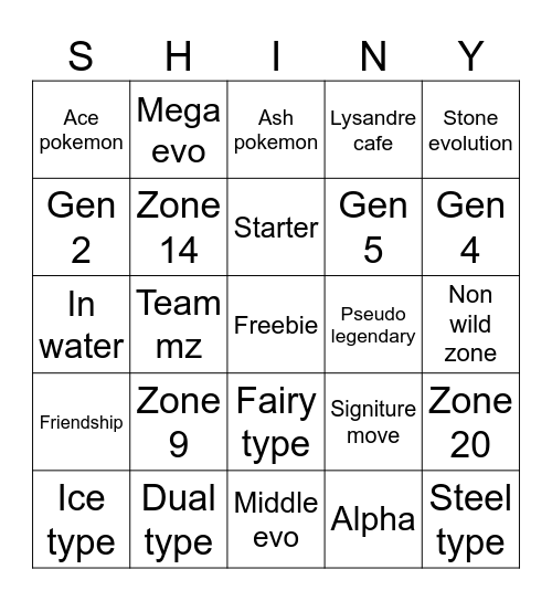 Za shiny Bingo Card