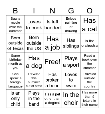 Back to School Bingo Card