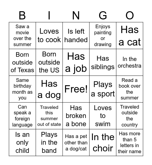 Back to School Bingo Card