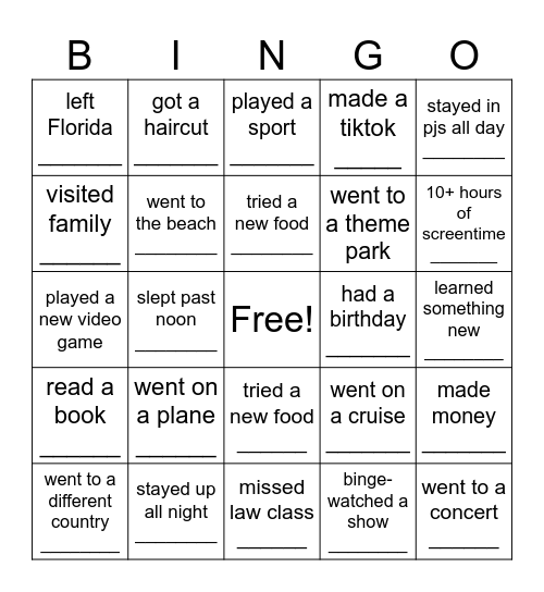 Summer Law Bingo Card