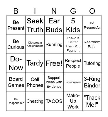 Mr. Atkins' U.S. History Class Bingo Card