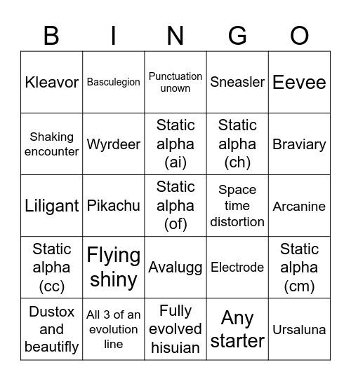 PLA shiny Bingo Card