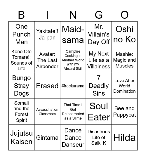 Anime pt. 2 Bingo Card