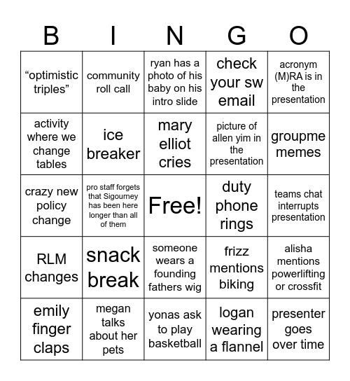 RA Training Bingo Card