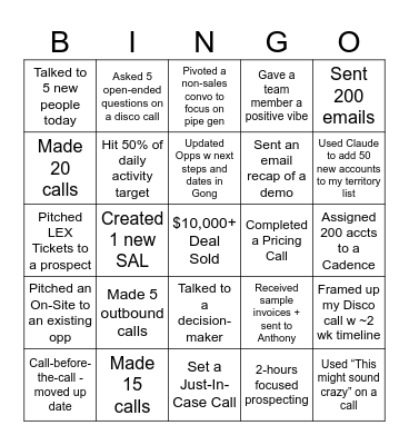 Team Parry EOQ Bingo - Blackout Prize = 2 Half Days Bingo Card