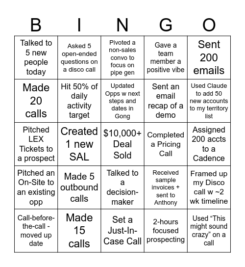Team Parry EOQ Bingo - Blackout Prize = 2 Half Days Bingo Card