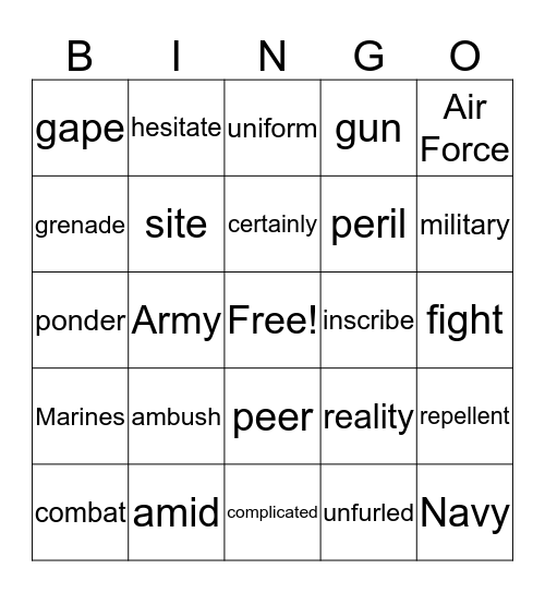 Combat Zone Bingo Card