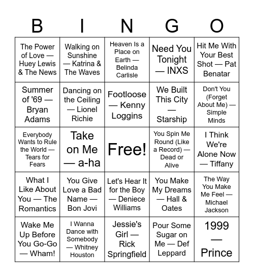 Back in the Day Bangers Bingo Card