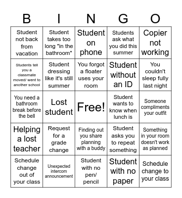 First day of school bingo Card