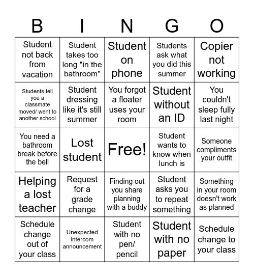 First day of school bingo Card