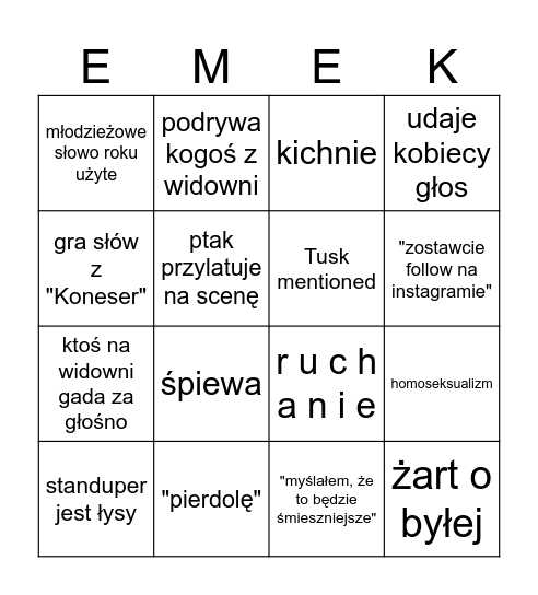 Stand-up leaver Bingo Card