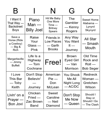 Bar Anthems — Everybody Sing! Bingo Card