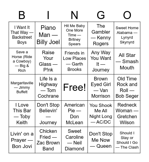Bar Anthems — Everybody Sing! Bingo Card
