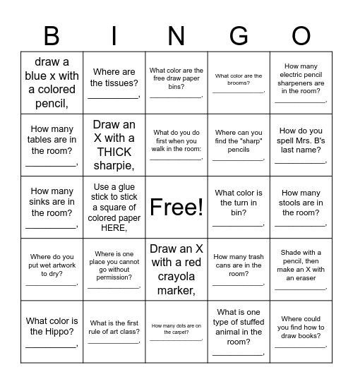 ART CLASS Bingo Card