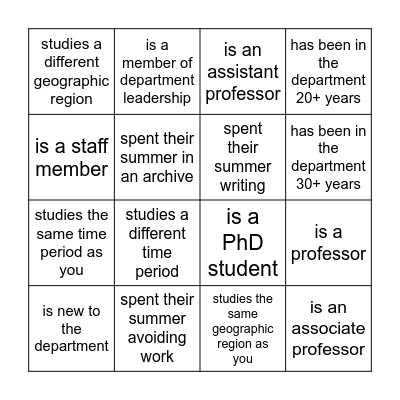 History Department Welcome BINGO Card