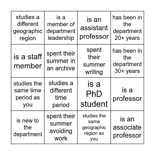 History Department Welcome BINGO Card