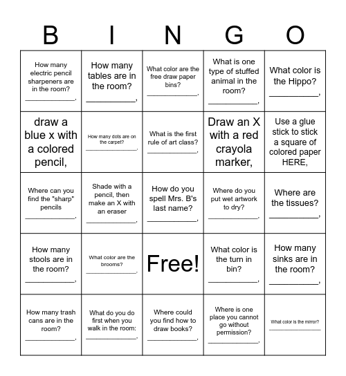 ART CLASS Bingo Card