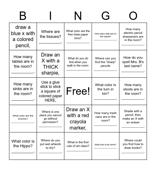 ART CLASS Bingo Card