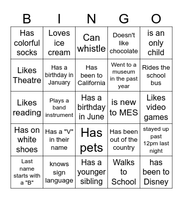 Middle School BINGO: Find someone who... Bingo Card