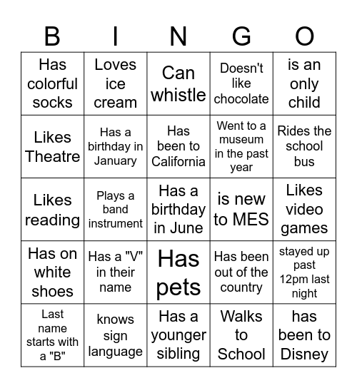 Middle School BINGO: Find someone who... Bingo Card