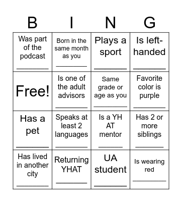 Know Your YHAT! Bingo Card