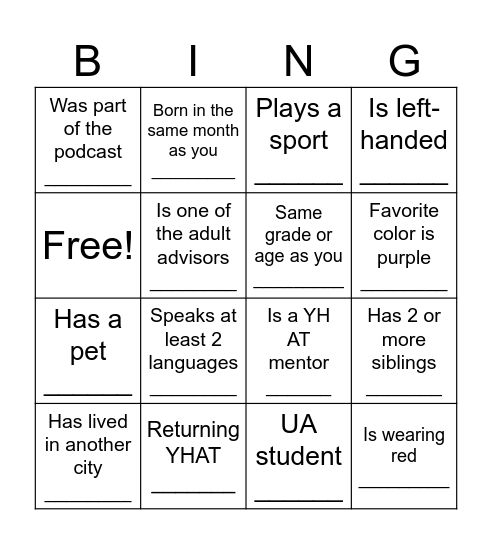 Know Your YHAT! Bingo Card
