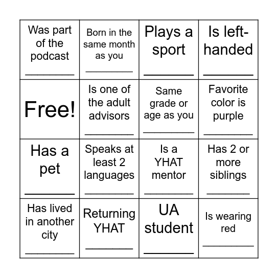 Know Your YHAT! Bingo Card