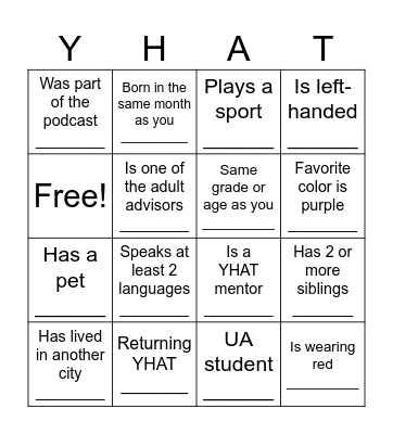 Know Your YHAT! Bingo Card