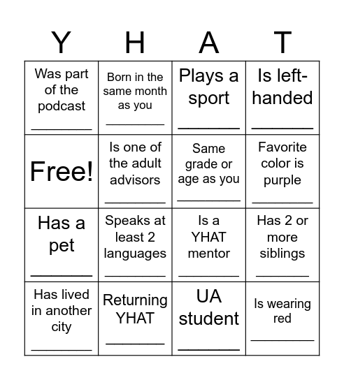 Know Your YHAT! Bingo Card