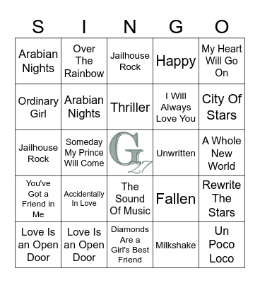 Songs From The Screen Bingo Card