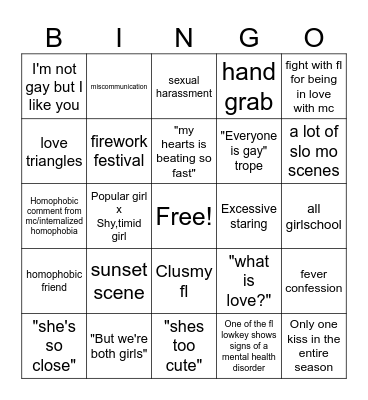 Yuri anime Bingo Card