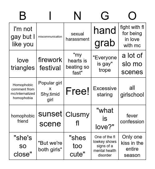 Yuri anime Bingo Card