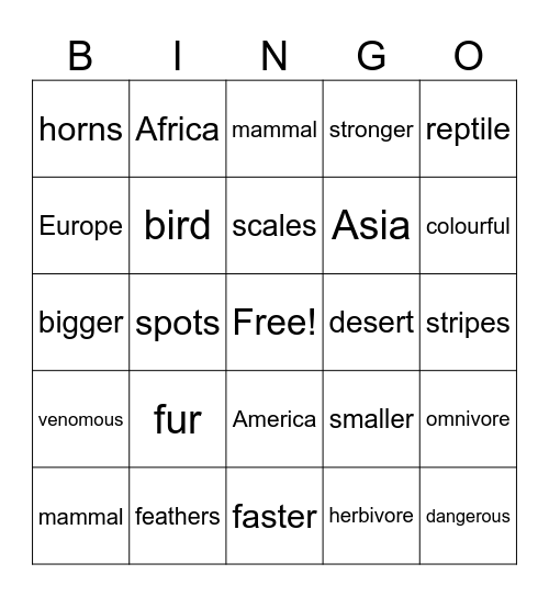 Wild animal bingo Card