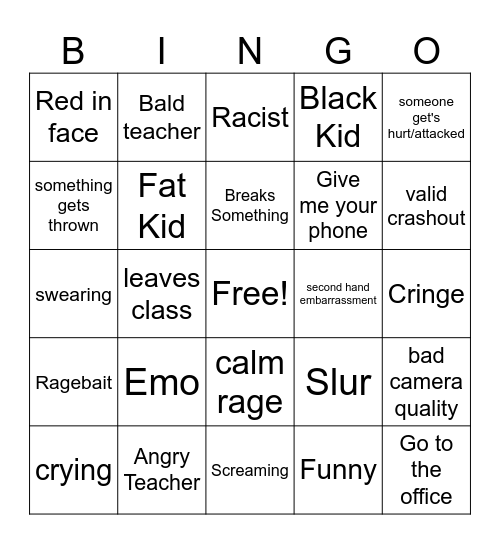 school crashout Bingo Card