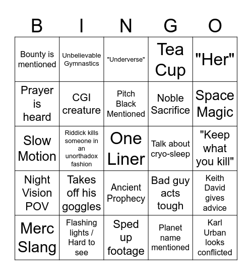 Chronicles of Riddick Bingo Card