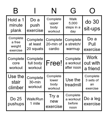 Fall Fitness Bingo Card