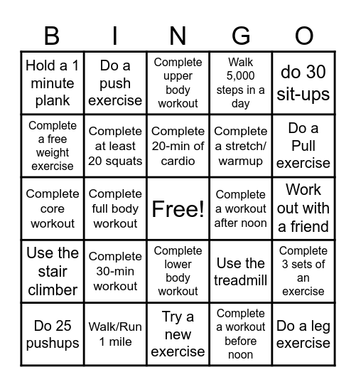 Fall Fitness Bingo Card