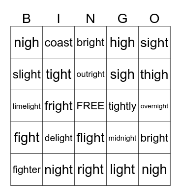 igh + oa vowel teams Bingo Card