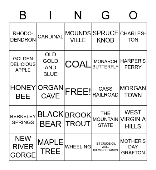 WEST VIRGINIA Bingo Card