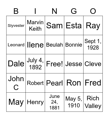 Trivia - Our Reed Family 1881 - 1931 Bingo Card