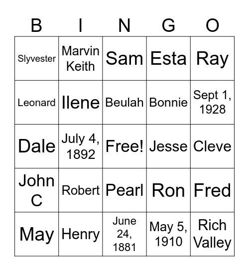 Trivia - Our Reed Family 1881 - 1931 Bingo Card