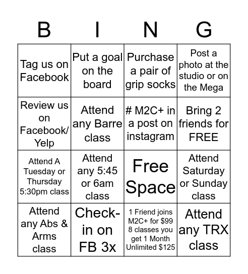 M2C+ Challenge Bingo Card