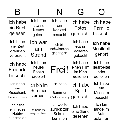 Mein Sommer Bingo Card