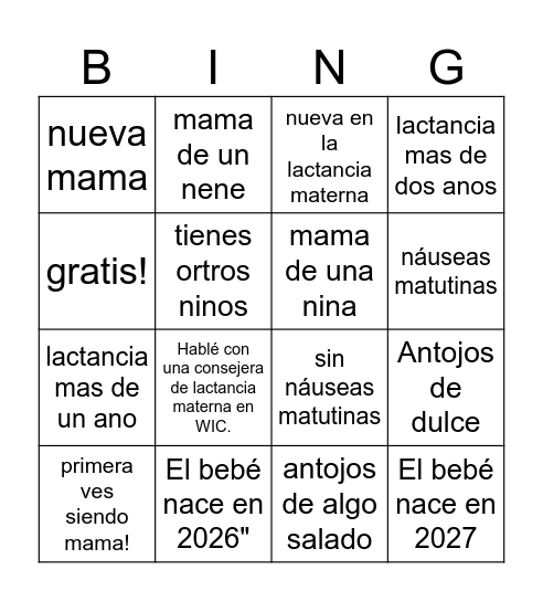 Breastfeeding Bingo Card
