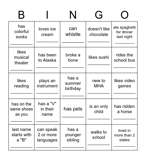 MHA Bingo! Find someone who... Bingo Card