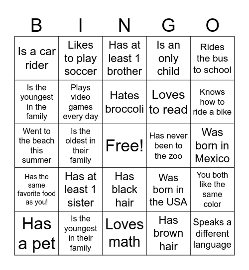 All About Me! Bingo Card