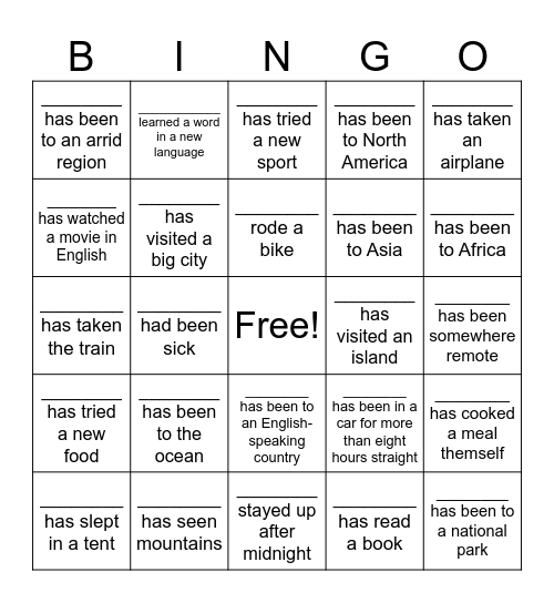 during the summer break..... Bingo Card