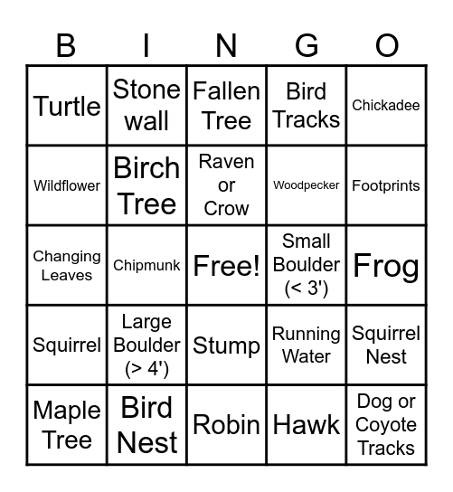 Ohio Hiking Bingo Card