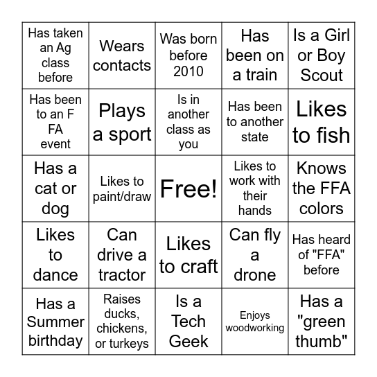Welcome to Ag Class Bingo Card